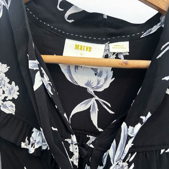 Maeve by Anthropologie • Black Floral Adagio Ruffle Button Top Tie Neck Sz Small - Picture 6 of 10